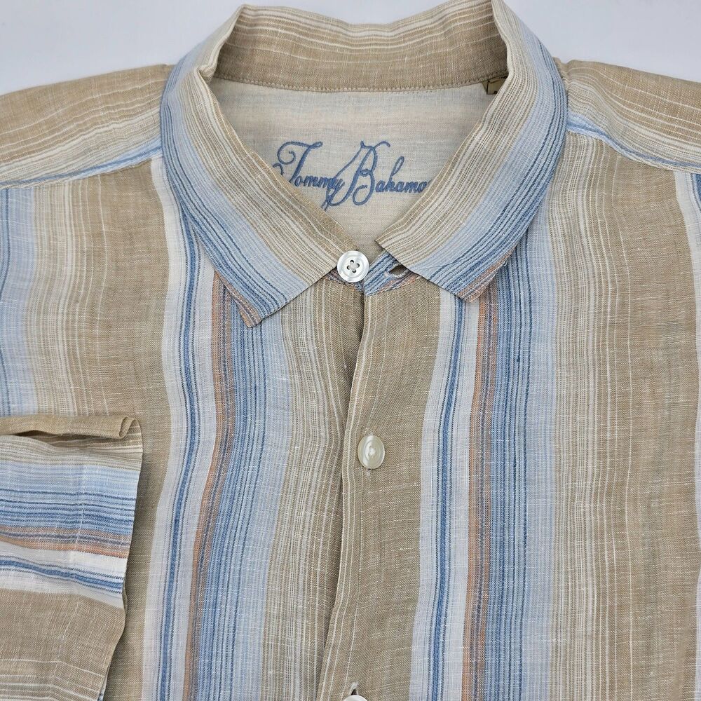 Tommy Bahama Linen Camp Shirt Men's 3XB Tan Cream Blue Striped